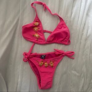 KYBRONZE bikini . Pink with floral embroidery